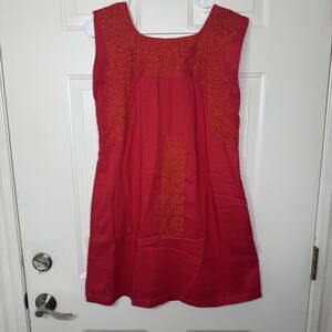 J. Marie The Reina Tunic Dress Mexican Inspired Embroidery Pockets Red Women XS